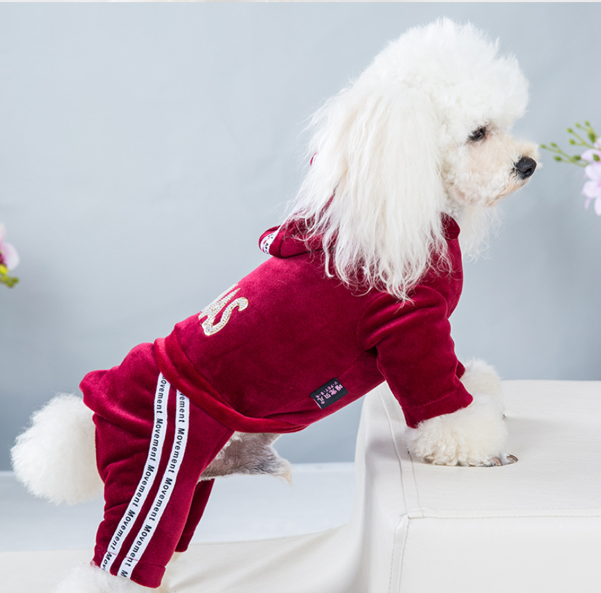 Pet Velvet Jumpsuit Athletic Hoodie with Rhinestone Design